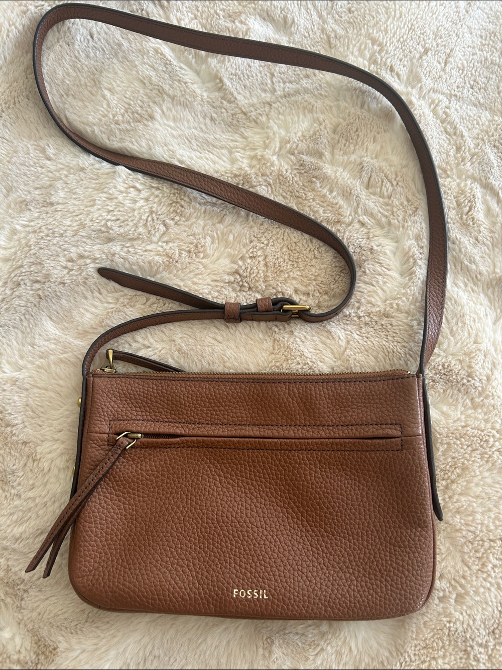 Fossil Brown Pebbled Leather Crossbody with Gold Hardware